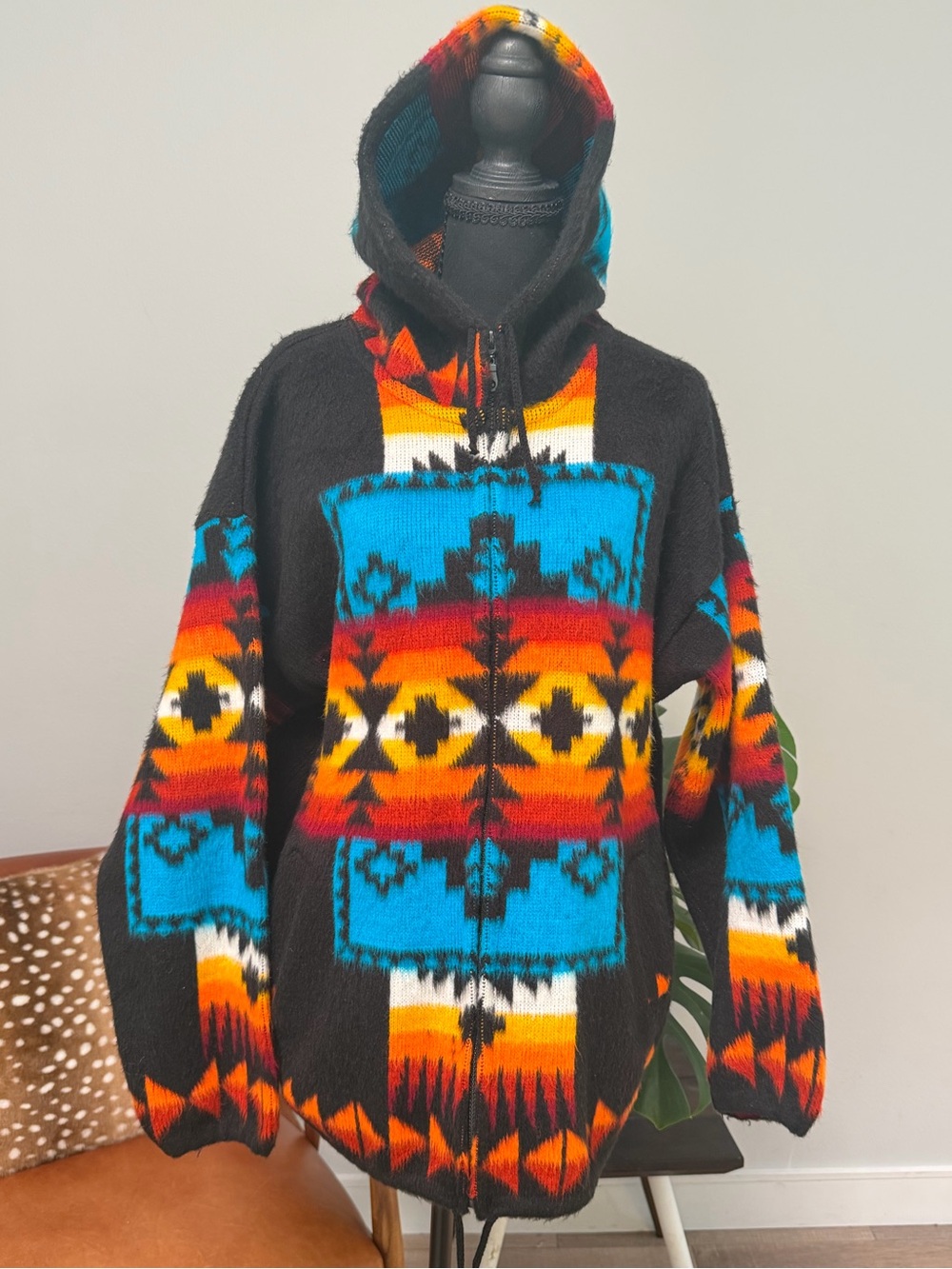 Hooded Zip Sweater in Black with Turquoise & Aztec Pattern